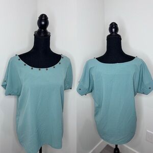 Timing Turquoise Short Sleeve Studded Blouse (L)